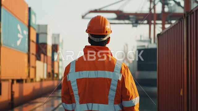 متابعة وإدارة عملية وصول البضائع، مفهوم النقل البحري عبر الباخرات, صورة من الخلف لمهندس عربي خليجي سعودي يرتدي سترة وخوذة الحماية يقوم بالإشراف على شحن الحاويات التجارية والكونتينرات, الاستيراد والتصدير حول العالم