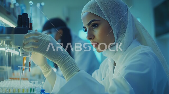 مختبرات التحاليل والفحوصات الطبية، استخدام الأنبوبة الزجاجية المعقمة لتحليل العينات المختلفة, إجراء تجارب وبحوث علمية عبر التكنولوجيا الحيوية، صورة مقربة لمخبرية عربية خليجية سعودية ترتدي المعطف الأبيض والقفازات تقطر السائل من الماصة إلى أنبوب الاختبار