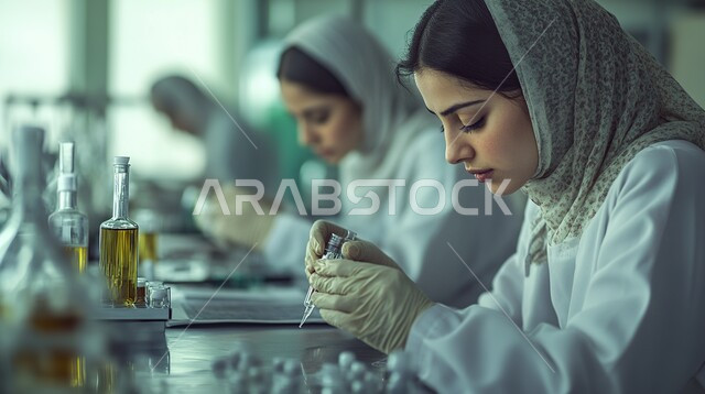 استخدام الأنبوبة الزجاجية المعقمة لتحليل العينات المختلفة, مختبرات التحاليل والفحوصات الطبية, صورة مقربة لمخبرية عربية خليجية سعودية ترتدي المعطف الأبيض والقفازات تقوم بإجراء التجارب والبحوث العلمية