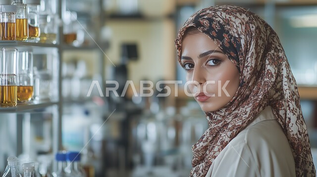 إجراء تجارب وبحوث علمية عبر التكنولوجيا الحيوية, مختبرات التحاليل والفحوصات الطبية، استخدام الأنبوبة الزجاجية المعقمة لتحليل العينات المختلفة، صورة مقربة لمخبرية عربية خليجية سعودية ترتدي المعطف الأبيض والقفازات تعمل في المخبر الطبي