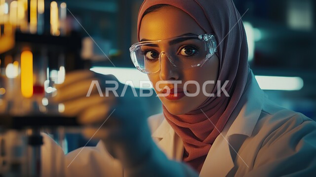 استخدام الأنبوبة الزجاجية المعقمة لتحليل العينات المختلفة, مختبرات التحاليل والفحوصات الطبية, صورة مقربة لمخبرية عربية خليجية سعودية ترتدي المعطف الأبيض والقفازات تقوم بإجراء التجارب والبحوث العلمية