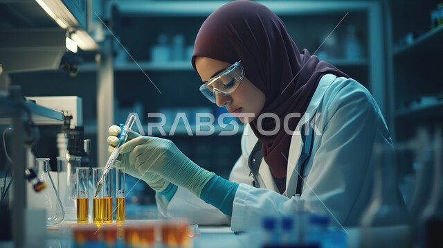 مختبرات التحاليل والفحوصات الطبية، استخدام الأنبوبة الزجاجية المعقمة لتحليل العينات المختلفة, إجراء تجارب وبحوث علمية عبر التكنولوجيا الحيوية، صورة مقربة لمخبرية عربية خليجية سعودية ترتدي المعطف الأبيض والقفازات تقطر السائل من الماصة إلى أنبوب الاختبار