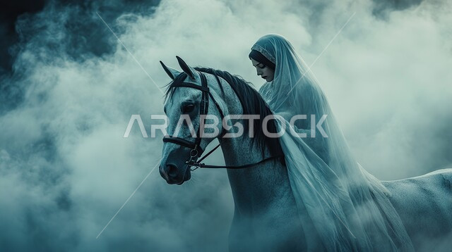 مفهوم الأناقة والأنوثة والنعومة, التزين والإطلالة المتألقة في يوم العرس, عروس عربية خليجية سعودية ترتدي فستان الزفاف الأبيض تجلس على حصان أبيض أصيل, العادات والتقاليد الخليجية العريقة, مراسم الأعراس والزواج في المملكة العربية السعودية