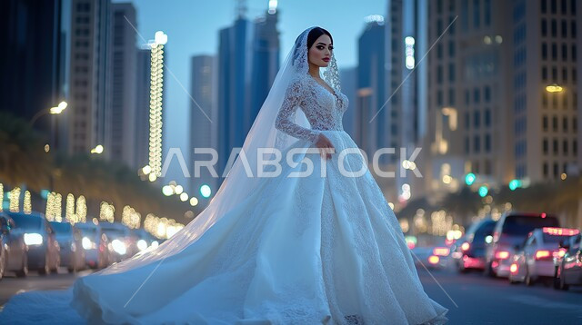 التزين والإطلالة المتألقة في يوم العرس, مفهوم الأناقة والأنوثة والنعومة, عروس عربية خليجية سعودية ترتدي فستان الزفاف الأبيض تقف بتعابير الثقة بالنفس, مراسم الأعراس والزواج في المملكة العربية السعودية