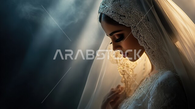 التزين والإطلالة المتألقة في يوم العرس, مفهوم الأناقة والأنوثة والنعومة, بورتريه مقرب لعروس عربية خليجية سعودية ترتدي فستان الزفاف الأبيض تقف بتعابير الثقة بالنفس, مراسم الأعراس والزواج في المملكة العربية السعودية, خلفية سوداء