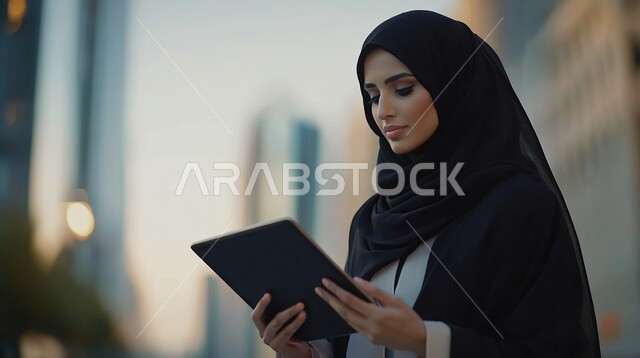 الدردشة مع العائلة والأصدقاء, استخدام الأجهزة التقنية الحديثة والمتطورة في الحياة اليومية, تصفح وسائل التواصل الاجتماعي, صورة مقربة لامرأة عربية خليجية سعودية محجبة ترتدي العباءة السوداء تمسك بيدها الجهاز اللوحي