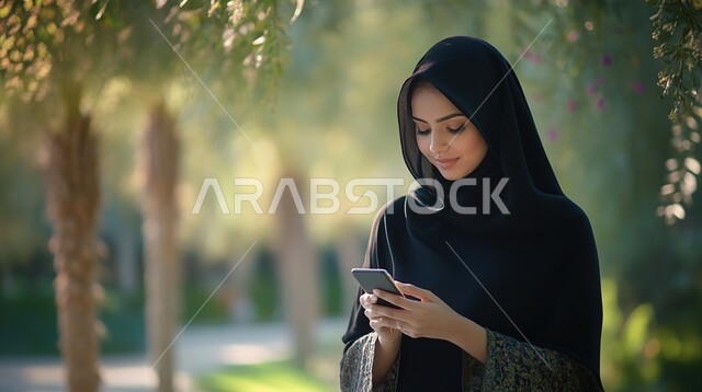 استخدام الأجهزة التقنية الحديثة والمتطورة في الحياة اليومية, تصفح وسائل التواصل الاجتماعي, الدردشة مع العائلة والأصدقاء, صورة مقربة لامرأة عربية خليجية سعودية محجبة ترتدي العباءة السوداء تمسك بيدها الهاتف المحمول