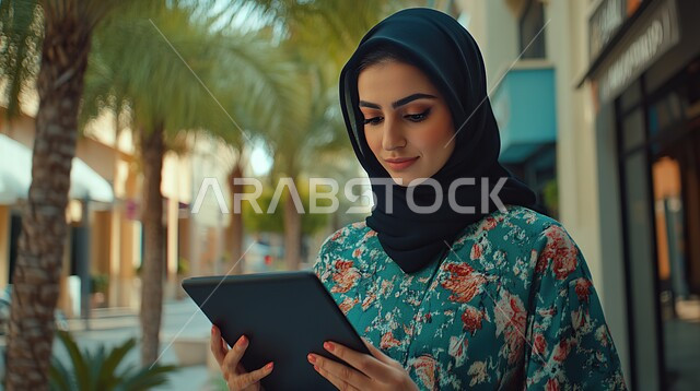 استخدام الأجهزة التقنية الحديثة والمتطورة في الحياة اليومية, تصفح وسائل التواصل الاجتماعي, الدردشة مع العائلة والأصدقاء, صورة مقربة لامرأة عربية خليجية سعودية محجبة ترتدي الزي الكاجوال تمسك بيدها الجهازاللوحي