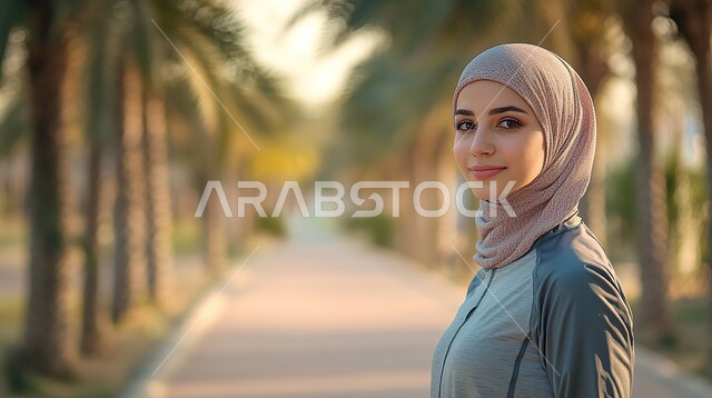 ممارسة الرياضة الصباحية في الحدائق العامة, الاهتمام بالرشاقة واللياقة البدنية, صورة مقربة لشابة عربية خليجية سعودية محجبة ترتدي الملابس الرياضية تنظر إلى الكاميرا بإيماءات السعادة والسرور
