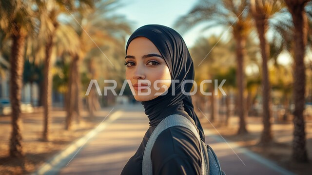 النظر إلى الكاميرا بإيماءات السعادة والسرور, مفهوم الأنوثة والنعومة, الاهتمام بالأناقة والمظهر الخارجي, أزياء محجبات عصرية أنيقة, صورة مقربة لشابة عربية خليجية سعودية ترتدي الحجاب تقف بتعابير الثقة والاعتزاز بالنفس