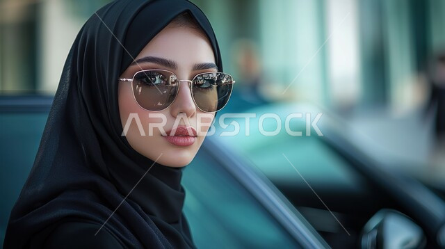 The concept of femininity and softness, interest in elegance and appearance, elegant modern veiled fashion, close-up photo of a young Saudi Arabian Gulf woman wearing the veil and sunglasses standing with expressions of confidence and self-esteem