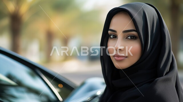 Concern for elegance and outward appearance, the concept of femininity and softness, elegant modern veiled fashion, a close-up of a young Saudi Arabian Gulf woman wearing the veil standing with expressions of confidence and self-esteem