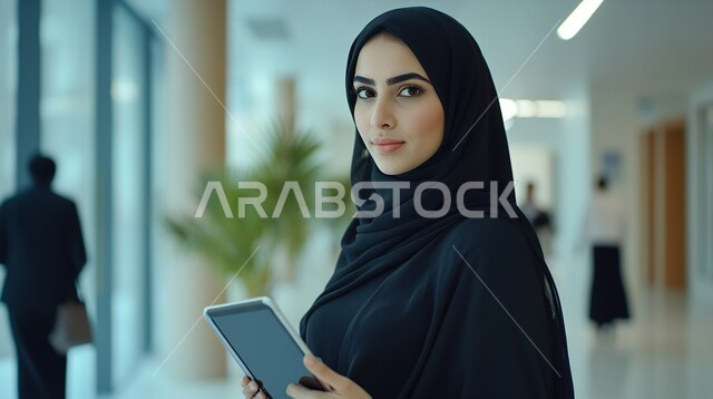 استخدام الأجهزة التقنية الحديثة والمتطورة, النظر إلى الكاميرا بإيماءات السعادة والسرور, صورة مقربة لامرأة عربية خليجية سعودية محجبة ترتدي العباءة السوداء تقف داخل الشركة وتمسك بيدها الجهاز اللوحي, مهن وأعمال في المملكة العربية السعودية
