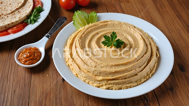 أصناف المقبلات الشعبية الباردة، صورة مقربة لطبق من الحمص المطحون المزين بزيت الزيتون والفلفل الحلو، مأكولات وأطعمة تقليدية، وجبات الإفطار الصحية الشهية في المطاعم الشرقية، فنون التقديم في مطابخ المملكة العربية السعودية