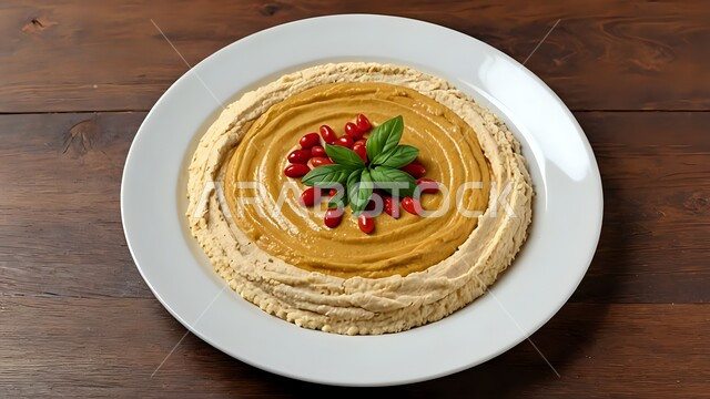 Popular cold appetizers, close-up of a plate of ground chickpeas garnished with olive oil and paprika, traditional foods and dishes, delicious healthy breakfasts in oriental restaurants, presentation arts in Saudi Arabian kitchens