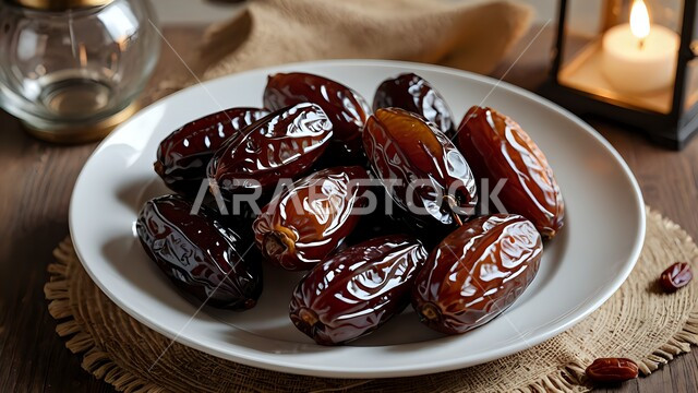 Quality of local national products in the Kingdom, A meal with high nutritional value, A close-up of a plate of healthy sugar dates, A traditional Ramadan hospitality, Delicious healthy dates, Saudi agricultural fruits and crops