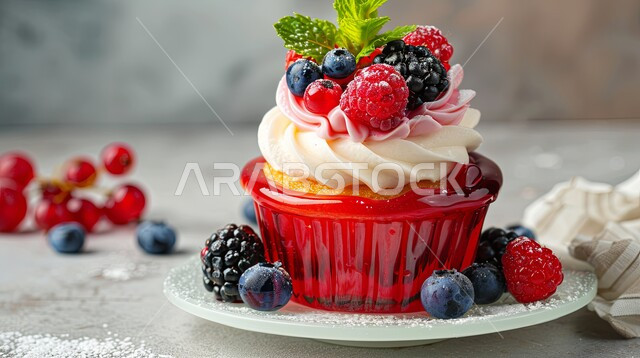 الحلويات الطازجة المخبوزة في الفرن, فنون تقديم الحلى بمطاعم المملكة العربية السعودية, أطعمة غنية بالسكريات والسعرات الحرارية, قطعة كاب كيك مزينة بالكريمة المخفوقة والفواكه