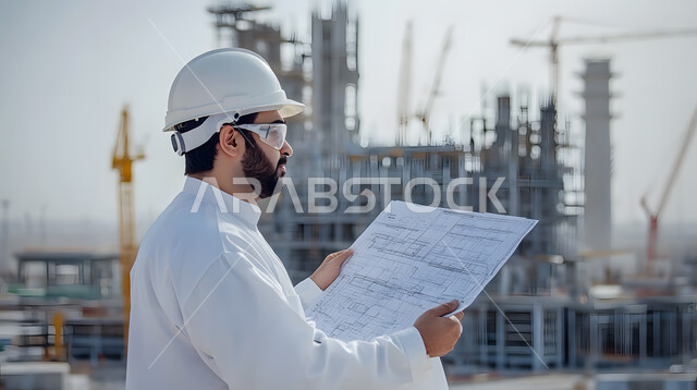 دراسة ومتابعة المشاريع الإنشائية, العمل في القطاع الهندسي, الإعمار بسواعد أبناء الوطن, صورة مقربة لمهندس عربي خليجي سعودي يرتدي خوذة الحماية يقف في موقع البناء ويمسك بيده المخططات