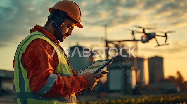 شركات الطيران الجوية السعودية, استخدام الأجهزة التقنية الحديثة في الأعمال الهندسية, متابعة و مراقبة المحركات, مفهوم هندسة الطيران, صورة مقربة لمهندس عربي خليجي سعودي يرتدي سترة وخوذة الحماية يمسك بيده الجهاز اللوحي, صيانة و إنشاء الطائرات النفاثة