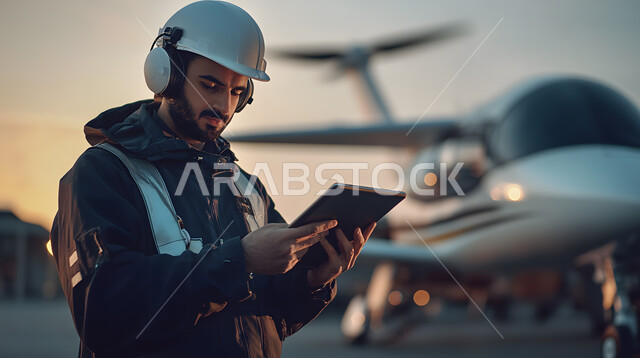 استخدام الأجهزة التقنية الحديثة في الأعمال الهندسية, شركات الطيران الجوية السعودية, متابعة و مراقبة المحركات, مفهوم هندسة الطيران, صورة مقربة لمهندس عربي خليجي سعودي يرتدي سترة وخوذة الحماية يمسك بيده الجهاز اللوحي, صيانة و إنشاء الطائرات النفاثة