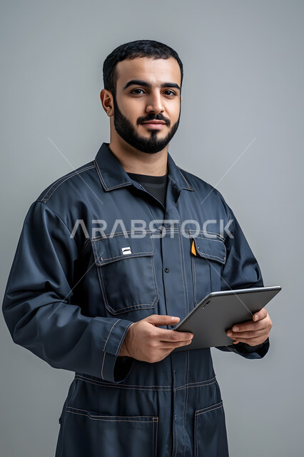 مهن ووظائف شبابية, العمل في المجال الميكانيكي والكهربائي, أعمال الإصلاح وورشات الصيانة, بورتريه لعامل عربي خليجي سعودي يرتدي الزي الخاص بالعمل يمسك بيده الجهاز اللوحي وينظر إلى الكاميرا بإيماءات السعادة والسرور, استخدام الأجهزة التقنية الحديثة, خلفية رمادية