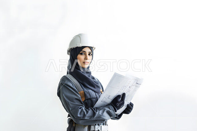 الإعمار بسواعد أبناء الوطن, دراسة ومتابعة المشاريع الإنشائية, العمل في القطاع الهندسي, النظر إلى الكاميرا بإيماءات السعادة والسرور, بورتريه مقرب لمهندسة عربية خليجية سعودية ترتدي سترة وخوذة الحماية تمسك بيدها المخططات, خلفية بيضاء