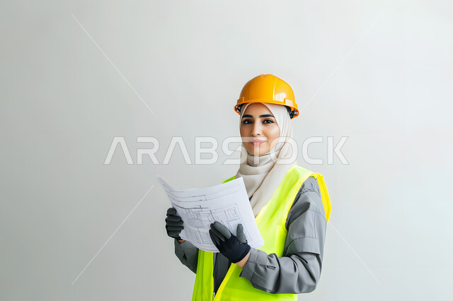 دراسة ومتابعة المشاريع الإنشائية, العمل في القطاع الهندسي, الإعمار بسواعد أبناء الوطن, النظر إلى الكاميرا بإيماءات السعادة والسرور, بورتريه مقرب لمهندسة عربية خليجية سعودية ترتدي سترة وخوذة الحماية تمسك بيدها المخططات, خلفية رمادية