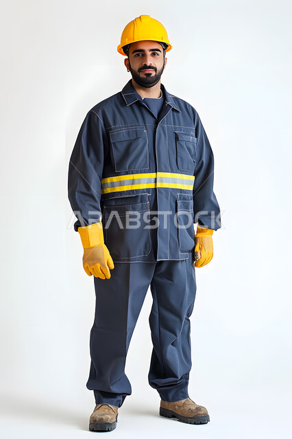 الإعمار بسواعد أبناء الوطن, مفهوم الهندسة والإنشاءات المعمارية, العمل في القطاع الهندسي, بورتريه لمهندس عربي خليجي سعودي يرتدي خوذة وسترة الحماية ينظر إلى الكاميرا بإيماءات السعادة والسرور, الجسم بالطول الكامل, خلفية رمادية