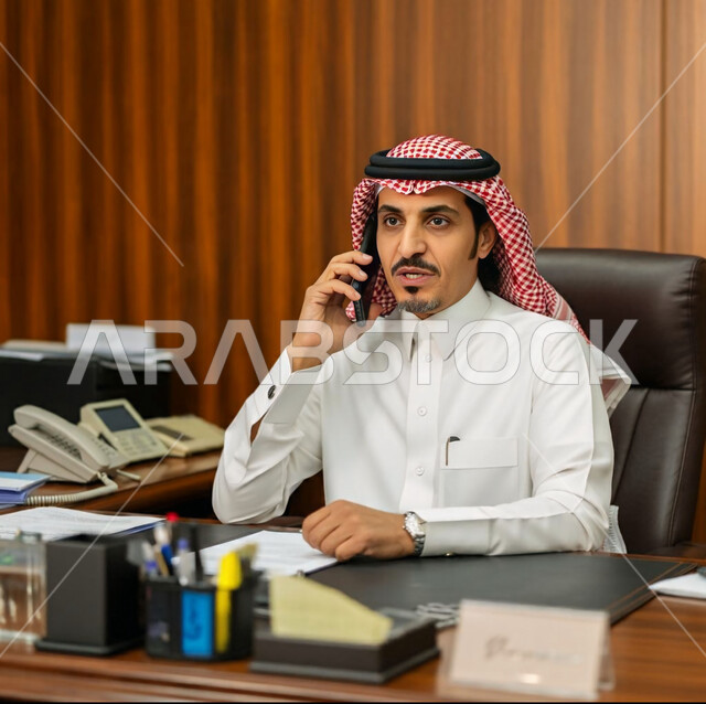 الإجابة والرد على الاتصالات بإستخدام الهاتف المحمول، صورة مقربة لرجل عربي سعودي خليجي يرتدي الثوب التقليدي يقوم بإجراء مكالمة صوتية، تعابير الفرح عند سماع الاخبار السارة، قضاء اوقات ممتعة بتبادل الاخبار والأحاديث، التواصل والاطمئنان على الأصدقاء