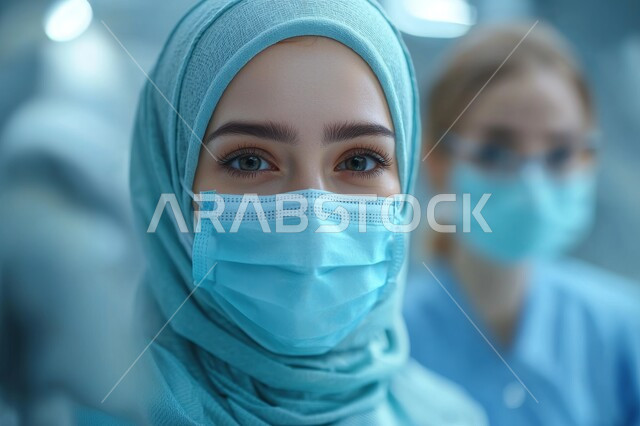ارتداء الكمامية للوقاية من العدوى، الفحص الطبي وتقديم الخدمات الصحية للمرضى في المستشفيات والمراكز الطبية، النظر إلى الكاميرا بايماءات السعادة والسرور، الاهتمام بالمظهر الخارجي، صورة مقربة لطبيبة عربية خليجية سعودية محجبة ترتدي الملابس الخاصة بالمهنة