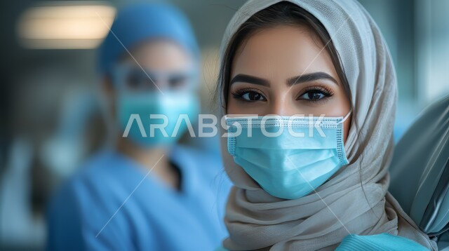 ارتداء الكمامية للوقاية من العدوى، الفحص الطبي وتقديم الخدمات الصحية للمرضى في المستشفيات والمراكز الطبية، النظر إلى الكاميرا بايماءات السعادة والسرور، الاهتمام بالمظهر الخارجي، صورة مقربة لطبيبة عربية خليجية سعودية محجبة ترتدي الملابس الخاصة بالمهنة
