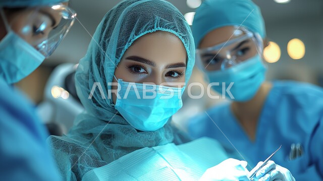 Wearing a mask to prevent infection, medical examination and providing health services to patients in hospitals and medical centers, looking at the camera with gestures of happiness and pleasure, taking care of one's appearance, a close-up of a smiling veiled Saudi Arabian Gulf female doctor wearing the professional clothing