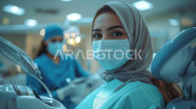 ارتداء الكمامية للوقاية من العدوى، الفحص الطبي وتقديم الخدمات الصحية للمرضى في المستشفيات والمراكز الطبية، النظر إلى الكاميرا بايماءات السعادة والسرور، الاهتمام بالمظهر الخارجي، صورة مقربة لطبيبة عربية خليجية سعودية محجبة ترتدي الملابس الخاصة بالمهنة