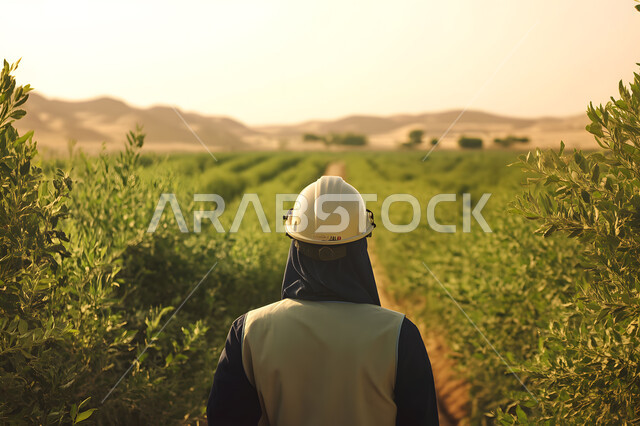 Developing farms and green fields, interest in agriculture in the Kingdom of Saudi Arabia, close-up from the back of a Saudi Arabian Gulf agricultural engineer wearing a protective jacket and helmet standing in front of fertile cultivated lands, improving agricultural crop production