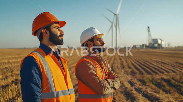 الاهتمام بالزراعة في المملكة العربية السعودية, صوة مقربة لمهندسين زراعيين عربيين خليجيين سعوديين يرتديان سترة وخوذة الحماية يقفان في حقل القمح, تحسين انتاج المحاصيل الزراعية, تنمية المزارع والحقول