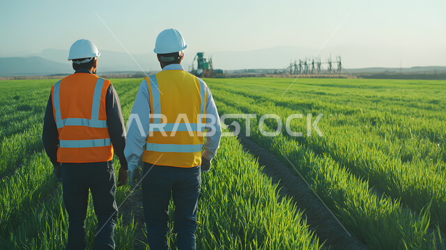 تنمية المزارع والحقول الخضراء, الاهتمام بالزراعة في المملكة العربية السعودية, صوة من الخلف لمهندسين زراعيين عربيين خليجيين سعوديين يرتديان سترة وخوذة الحماية يقفان أمام الأراضي الخصبة المزروعة, تحسين انتاج المحاصيل الزراعية