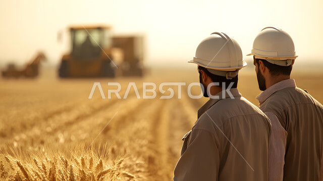 تحسين انتاج المحاصيل الزراعية, تنمية المزارع والحقول, الاهتمام بالزراعة في المملكة العربية السعودية, صوة من الخلف لمهندسين زراعيين عربيين خليجيين سعوديين يرتدي سترة وخوذة الحماية يقفان في حقل القمح