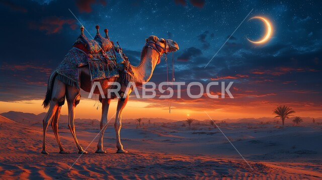 منظر الهلال وسط السماء، صورة ظلية لجمل عربي أصيل وسط الصحراء وقت غروب الشمس، التلال و الكثبان الرملية، الرمال الذهبية الناعمة، الاهتمام ورعاية المواشي والثدييات في الصحاري، تربية الجمال والإبل في المحميات الطبيعية في المملكة العربية السعودية، سالوليت
