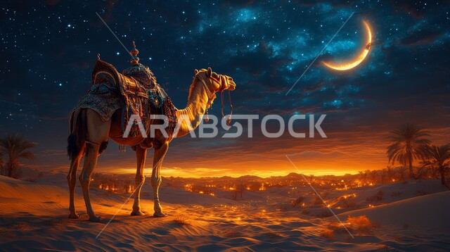 التلال والكثبان الرملية، منظر الهلال وسط السماء، صورة ظلية لجمل عربي أصيل وسط الصحراء وقت غروب الشمس، الرمال الذهبية الناعمة، الاهتمام ورعاية المواشي والثدييات في الصحاري، تربية الجمال والإبل في المحميات الطبيعية في المملكة العربية السعودية، سالوليت