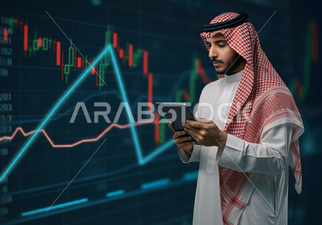 دمج التكنولوجيا الحديثة بالعمل، رجل أعمال عربي خليجي سعودي يرتدي الثوب التقليدي والشماغ يمسك الجهاز اللوحي يقوم بمراقبة الرسوم البيانية على شاشة إلكترونية مضيئة، متابعة ارتفاع وانخفاض الأسهم في سوق البورصة، الاستثمار المالي والاقتصادي، تداول العملة الرقمية