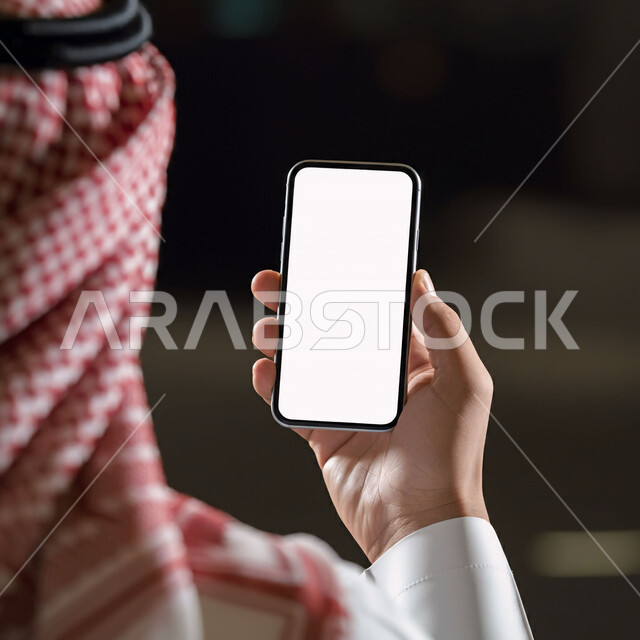 التواصل مع الأهل عبر تطبيقات الهاتف الذكي, استخدام الأجهزة والتقنيات الحديثة, إدارة وإنجاز المهام عبر الأونلاين, صورة مقربة من الخلف لرجل عربي خليجي سعودي يرتدي الثوب التقليدي والشماغ يحمل بيده جوال بشاشة بيضاء فارغة, التسويق الرقمي والإعلانات التسويقية