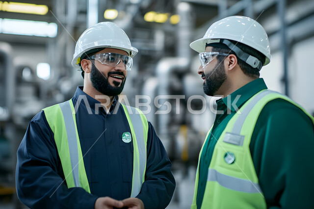 مفهوم التعاون بين الزملاء, العمل في القطاع الهندسي, الإعمار بسواعد أبناء الوطن, صورة مقربة لمهندسان عربيان خليجيان سعوديان يرتديان سترة وخوذة الحماية يتناقشان في الخطط والمشاريع