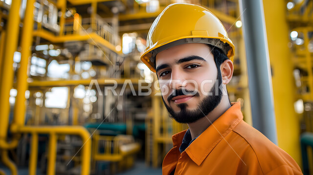 العمل في القطاع الهندسي, الإعمار بسواعد أبناء الوطن, مفهوم الهندسة والإنشاءات المعمارية, صورة مقربة لمهندس عربي خليجي سعودي يرتدي خوذة وسترة الحماية ينظر إلى الكاميرا بإيماءات السعادة والسرور