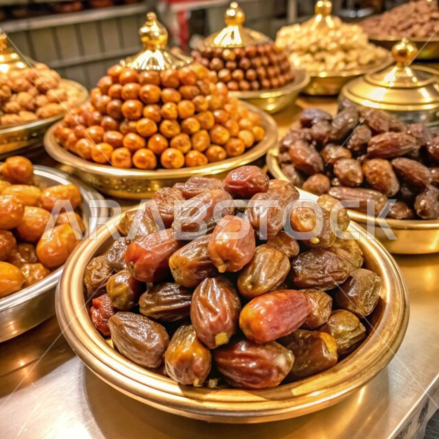 تمور ومكسرات لذيذة، منتجات ومحاصيل زراعية محلية وطنية، صورة مقربة لأطباق مليئة بالتمر والفواكه المجففة الطازجة، أسواق شعبية تقليدية لبيع الرطب من نخيل المملكة العربية السعودية، وجبة ذات قيمة غذائية عالية، مصدر للدهون الصحية الطبيعية، ضيافة رمضانية شهية