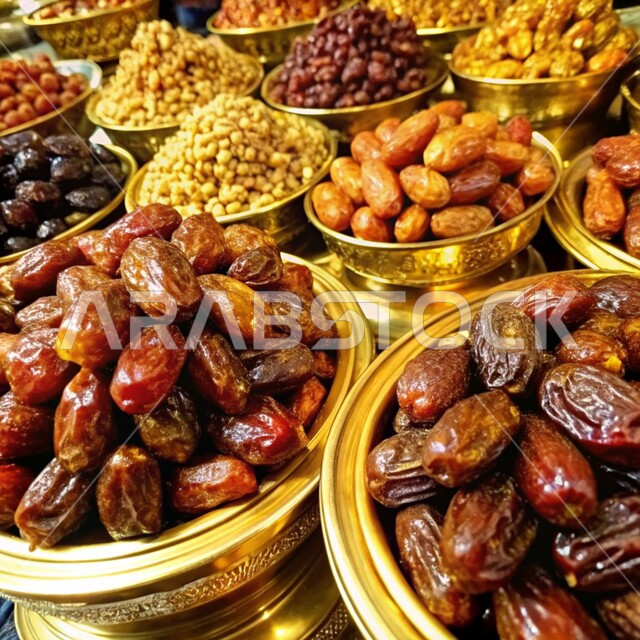 A highly nutritious meal, a source of natural healthy fats, local agricultural products and crops, a close-up of plates filled with fresh dates and dried fruits, traditional popular markets selling dates from the palm trees of Saudi Arabia, a delicious Ramadan hospitality, delicious dates and nuts