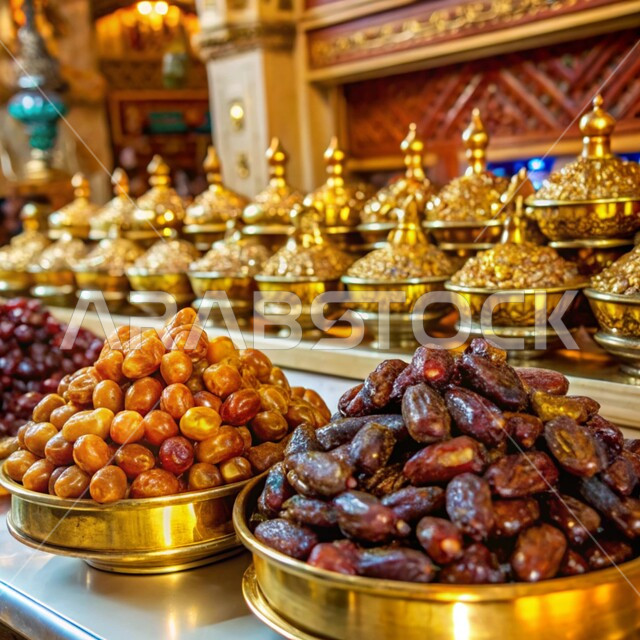 أسواق شعبية تقليدية لبيع الرطب من نخيل المملكة العربية السعودية، وجبة ذات قيمة غذائية عالية، مصدر للدهون الصحية الطبيعية، منتجات ومحاصيل زراعية محلية وطنية، صورة مقربة لأطباق مليئة بالتمر والفواكه المجففة الطازجة، ضيافة رمضانية شهية، تمور ومكسرات لذيذة