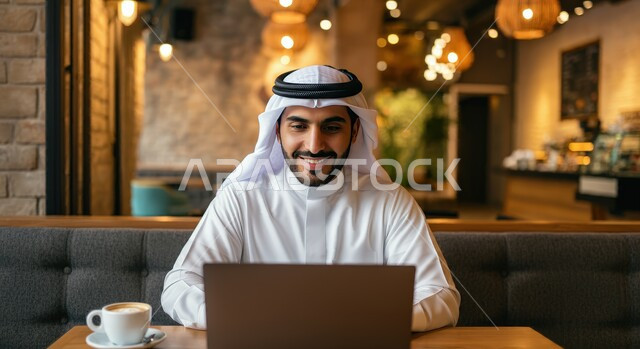 أداء المهام والاعمال المكتبية، رجل عربي خليجي سعودي مبتسم يرتدي الثوب التقليدي يجلس على كرسي مريح يقوم بالعمل على الحاسب المحمول، دمج التقنية والتكنولوجيا في الحياة العملية، العمل في احدى كافيهات ومطاعم المملكة العربية السعودية