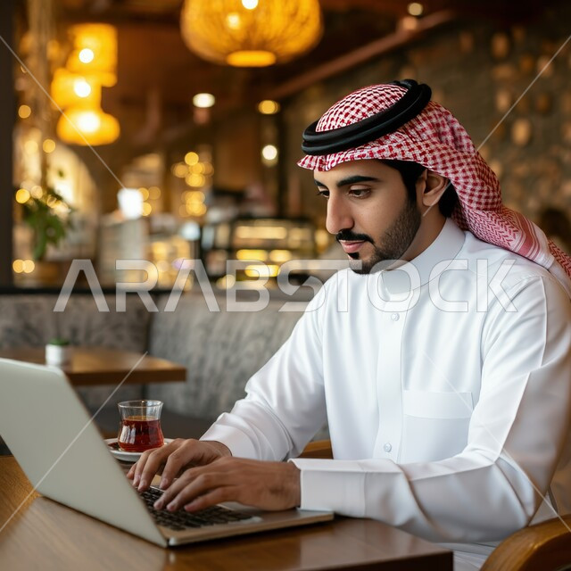 أداء المهام والاعمال المكتبية، رجل عربي خليجي سعودي مبتسم يرتدي الثوب التقليدي يجلس على كرسي مريح يقوم بالعمل على الحاسب المحمول، دمج التقنية والتكنولوجيا في الحياة العملية، العمل في احدى كافيهات ومطاعم المملكة العربية السعودية