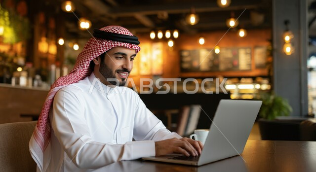 أداء المهام والاعمال المكتبية، رجل عربي خليجي سعودي مبتسم يرتدي الثوب التقليدي يجلس على كرسي مريح يقوم بالعمل على الحاسب المحمول، دمج التقنية والتكنولوجيا في الحياة العملية، العمل في احدى كافيهات ومطاعم المملكة العربية السعودية