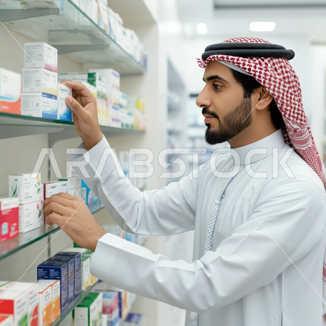 ادوية لمعالجة الحالات المرضية والوقاية من الامراض، مفهوم الصيدلة والمستلزمات الطبية، الطب والرعاية الصحية، صورة مقربة لطبيب عربي خليجي سعودي يرتدي الثوب التقليدي والشماغ يمسك بيده جرعة دواء خاصة بالمريض، العمل في القطاع الصحي